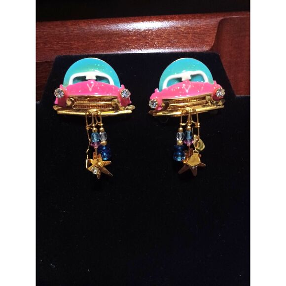 Jewelry - Vintage LUNCH AT THE RITZ Pink Cadillac Dangle Post Earrings 2.2" Long